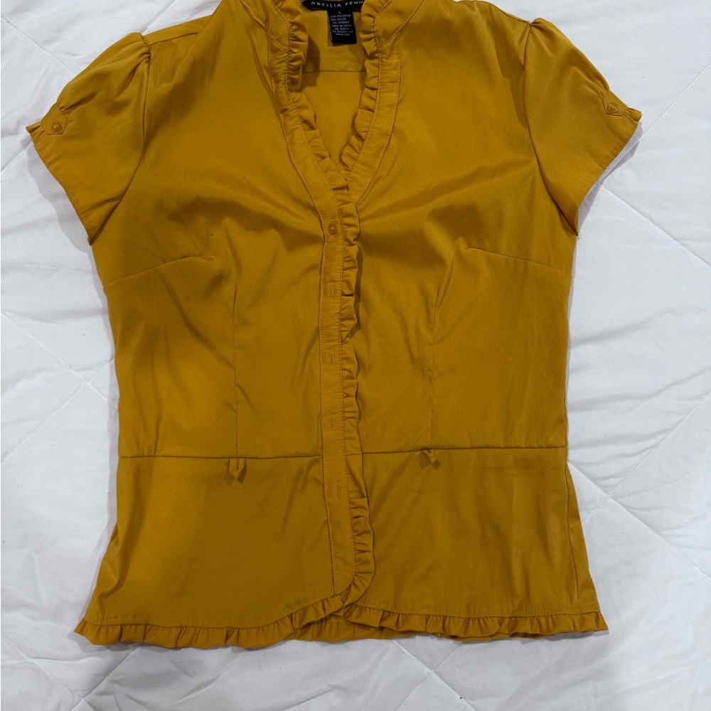Antilia Femme Mustard Ruffle-Trim Short Sleeve Blouse